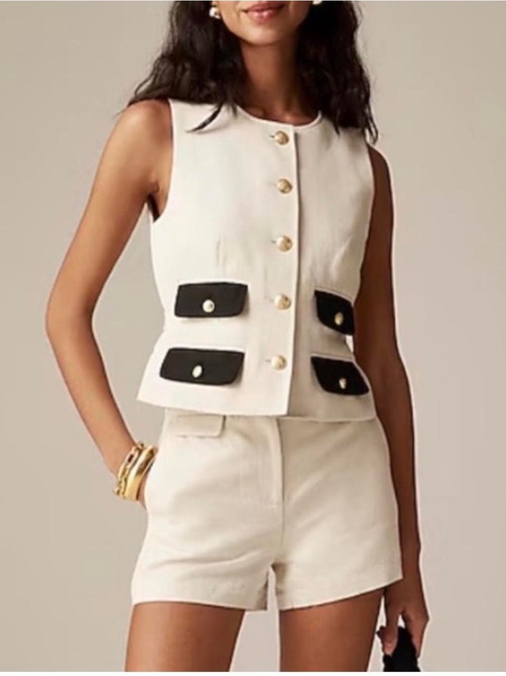 J. Crew Cream Sleeveless Button Vest with Black Pocket Flaps